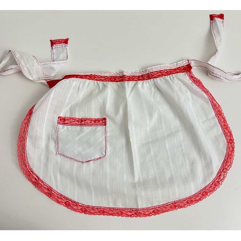 Vintage White Half Apron Red Lace Trim Pocket‎ Retro Hosting Kitchenette